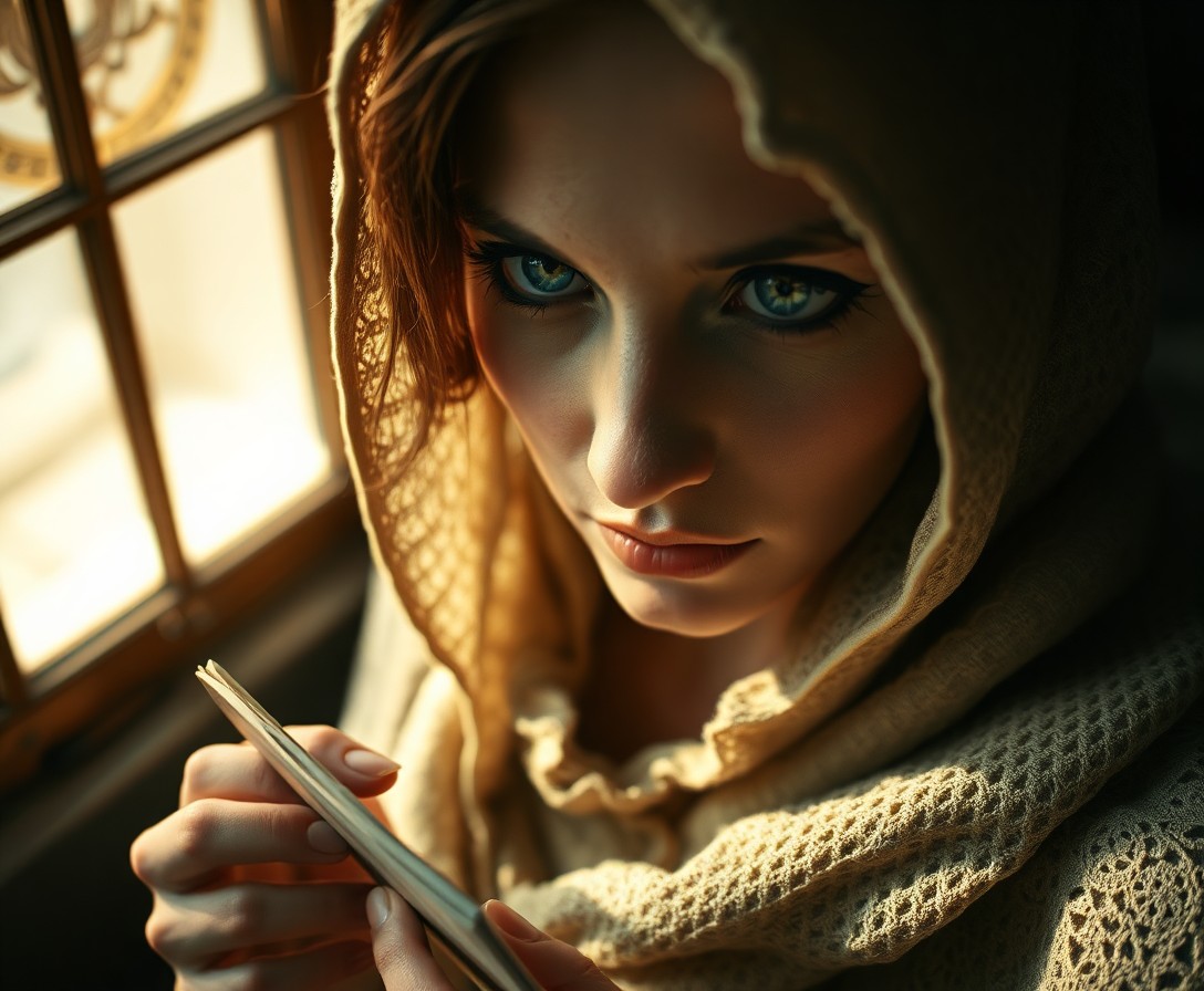 AI generated art for prompt: Enshroud an enigmatic Eastern European woman with soft golden light filtering through a window, her 