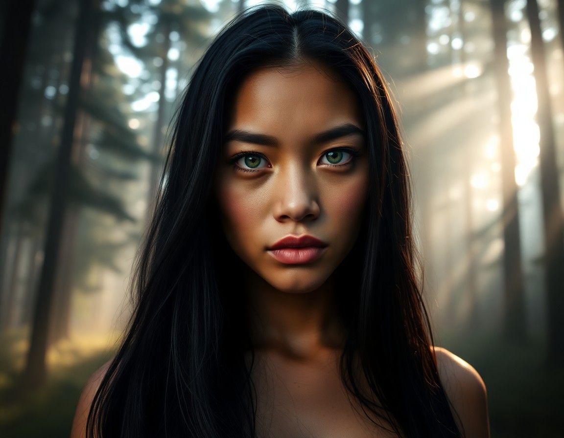 AI generated art for prompt: A photorealistic portrait photograph captures a Pacific Islander woman's enigmatic gaze, her piercin