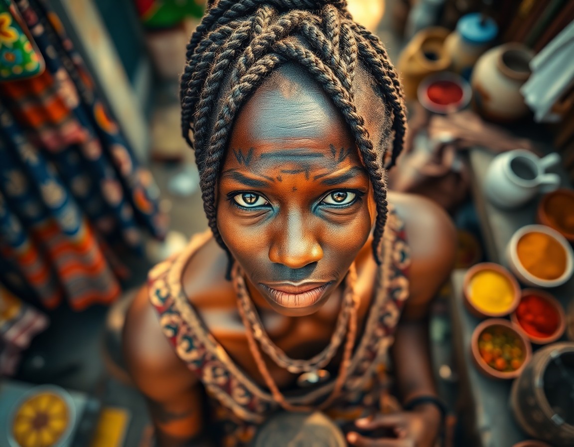 AI generated art for prompt: A photorealistic portrait photograph captures an enigmatic African artist with soulful eyes and intr