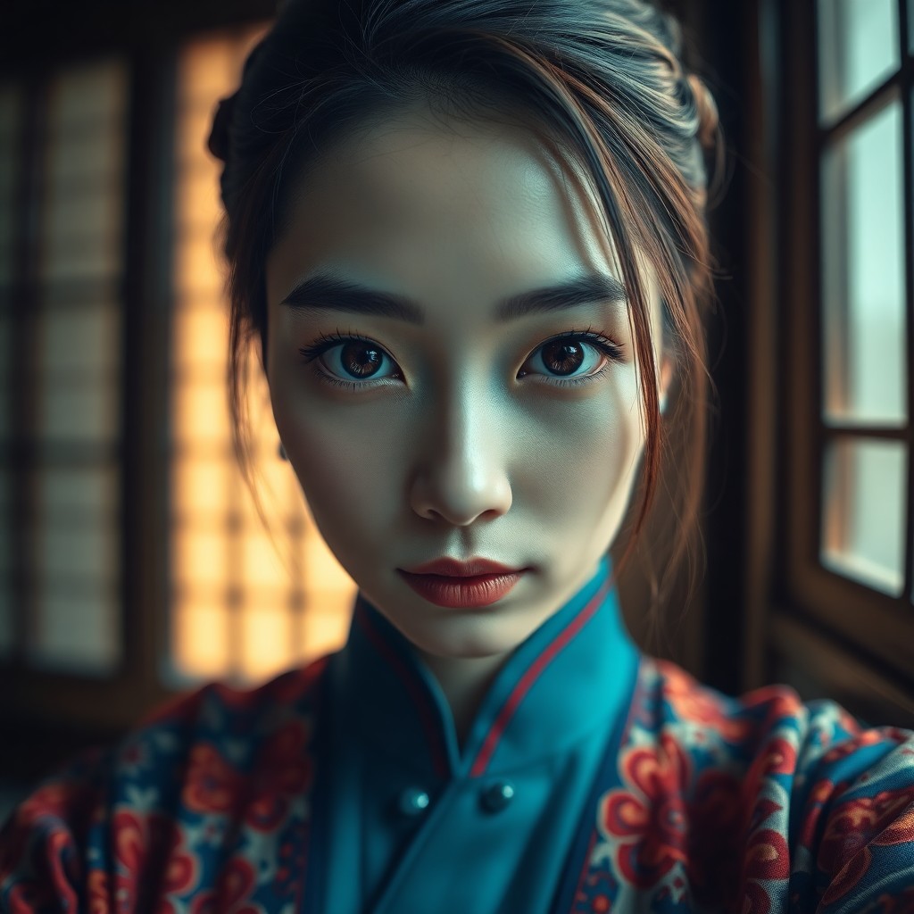 AI generated art for prompt: A captivating portrait of an East Asian woman with porcelain skin and enchanting dark eyes, viewed f