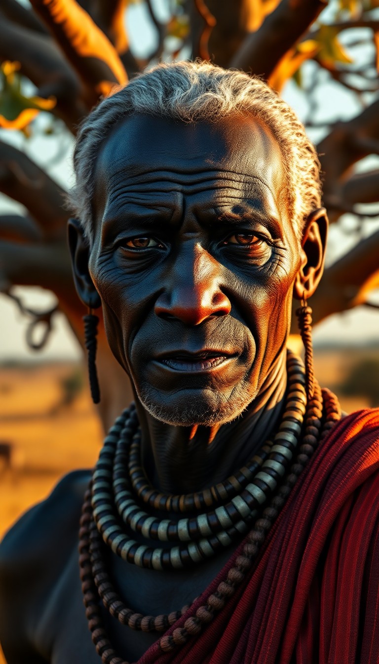 AI generated art for prompt: Step into a hyperrealistic portrait of an elderly Maasai warrior with deep, dark skin, sharp amber e