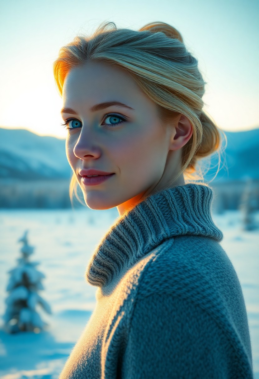 AI generated art for prompt: Craft a photorealistic portrait of a Nordic woman in her late twenties with fair skin and piercing b