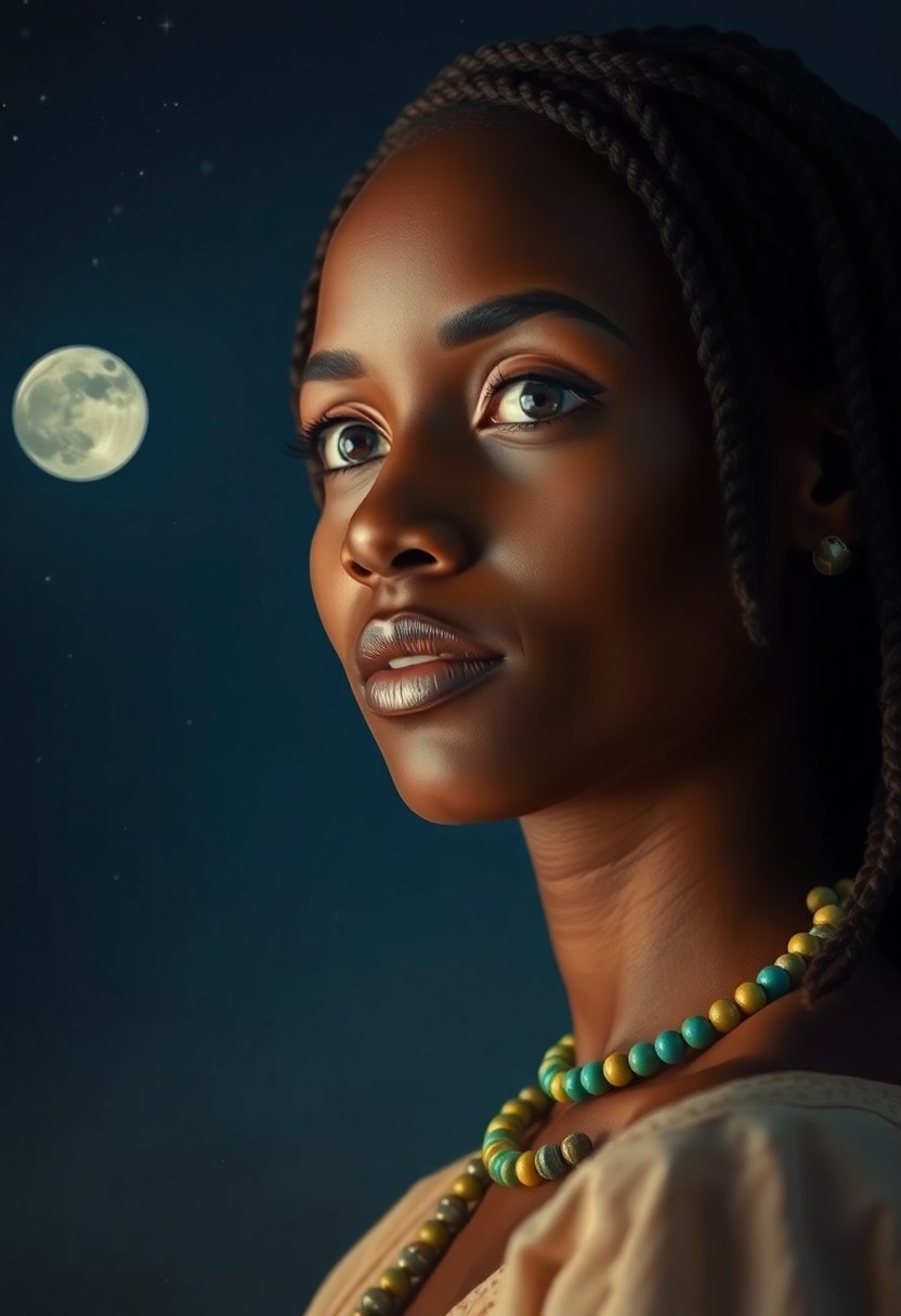 AI generated art for prompt: Immerse yourself in a captivating portrait of an African woman, her mid-thirties exuding elegance wi