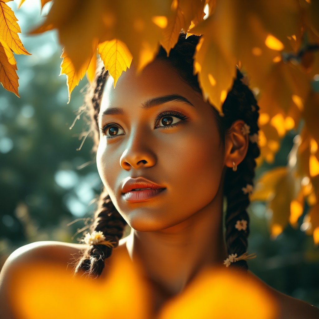 AI generated art for prompt: A smartphone portrait captures a tranquil Pacific Islander woman with captivating amber eyes and del