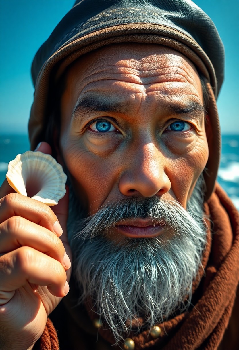 AI generated art for prompt: Craft a photorealistic portrait of an intriguing East Asian fisherman with piercing blue eyes and sk