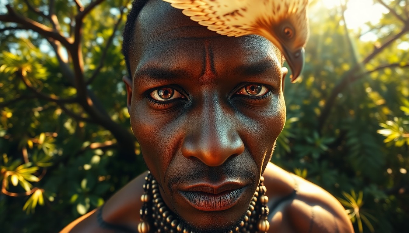 AI generated art for prompt: A photorealistic portrait photograph showcases an enigmatic African man with piercing amber eyes, hi