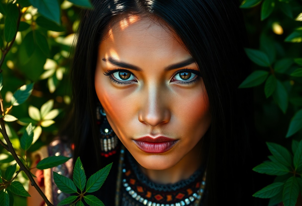 AI generated art for prompt: Craft a hyperrealistic portrait of a Native American woman with deep brown eyes and sleek black hair