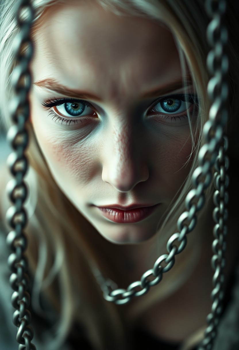 AI generated art for prompt: A portrait photograph showcases an enigmatic Nordic woman with piercing blue eyes and icy blonde hai