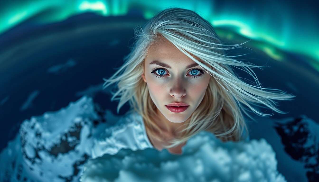 AI generated art for prompt: A photorealistic portrait photograph captures a Nordic woman's enigmatic allure with piercing blue e