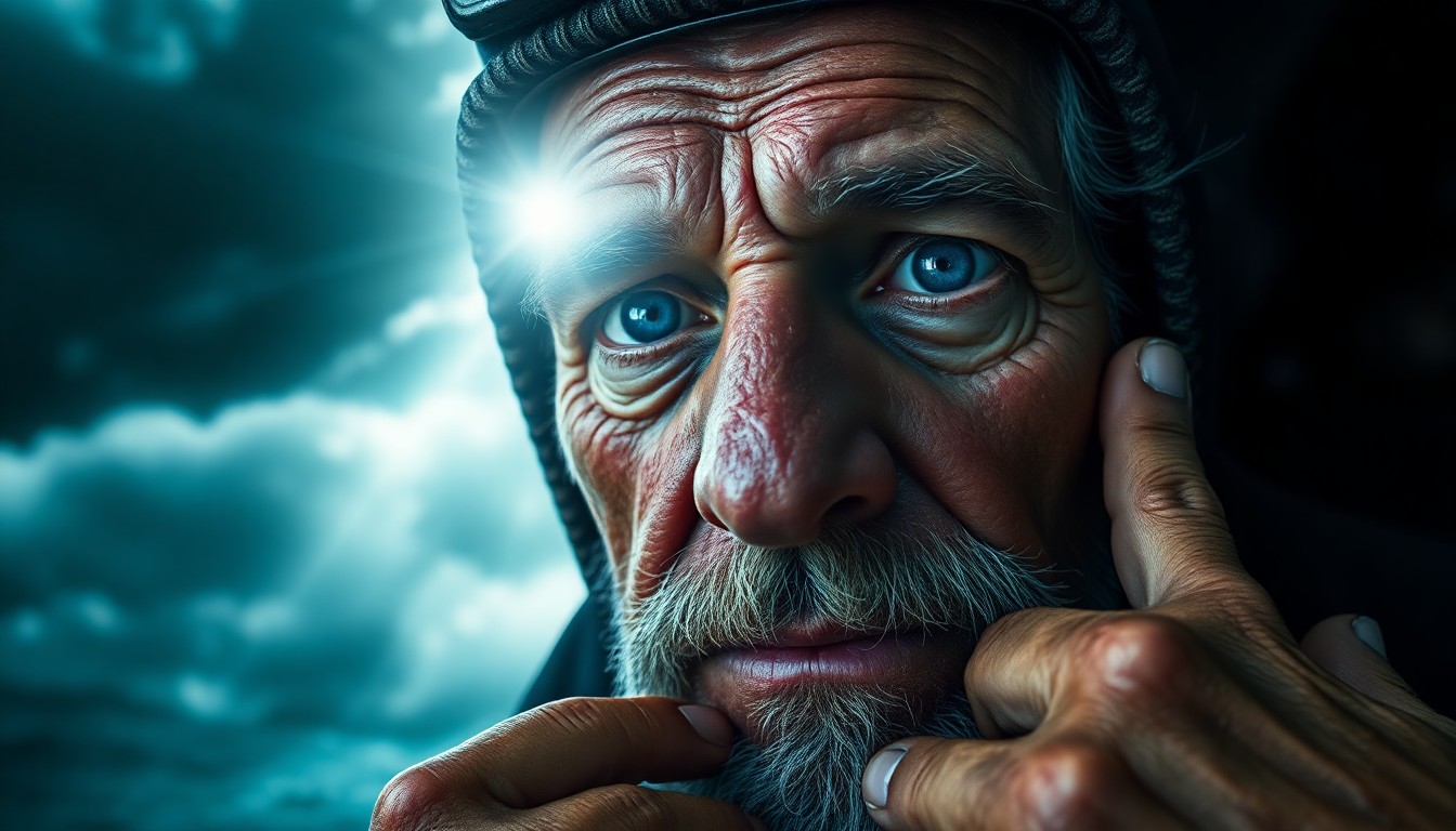 AI generated art for prompt: A photorealistic portrait photograph depicts an aged European fisherman from above, as if viewed thr