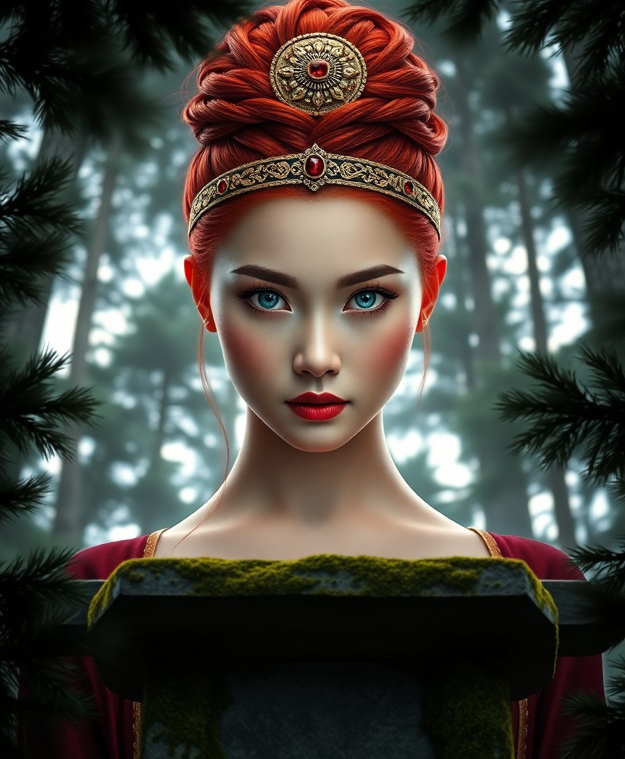 AI generated art for prompt: Imagine a captivating portrait of an enigmatic East Asian woman with piercing ice-blue eyes and flaw