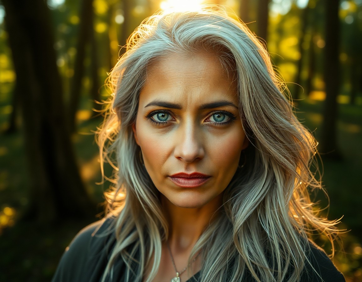 AI generated art for prompt: A photorealistic portrait of a South Asian woman with piercing blue eyes and flowing silver hair, ca