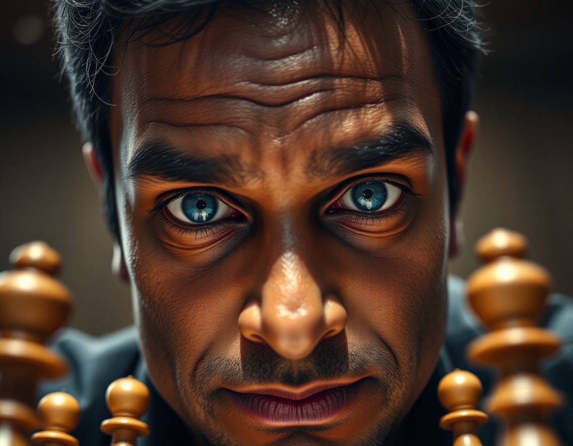 AI generated art for prompt: A portrait photograph showcases a South Asian chess master's intense focus during a competitive tour