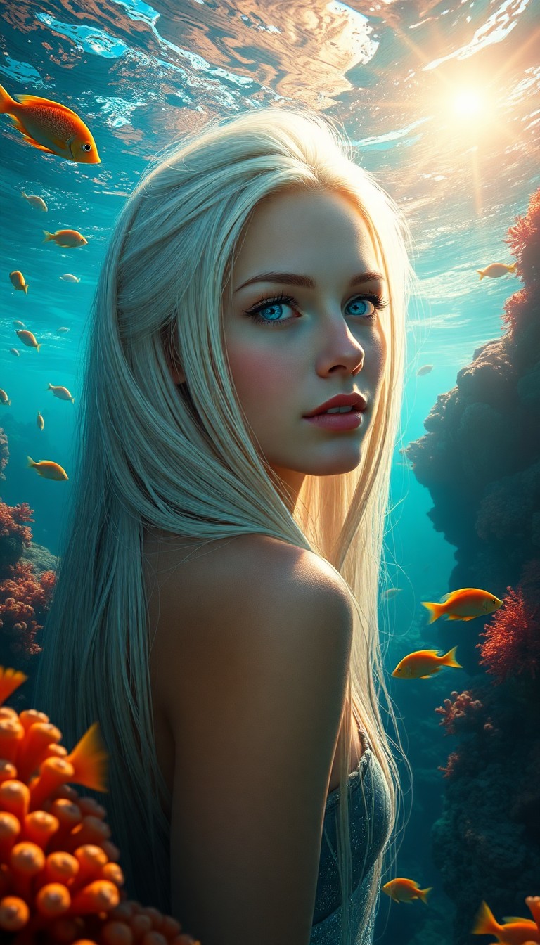 AI generated art for prompt: Enigmatic Nordic beauty with piercing blue eyes and long platinum blonde hair cascades down her back