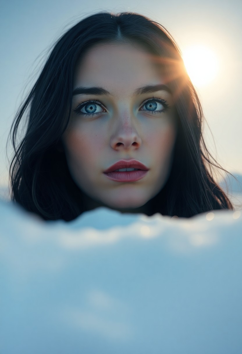 AI generated art for prompt: A photorealistic portrait of an enigmatic European woman with pale blue eyes and raven-black hair st