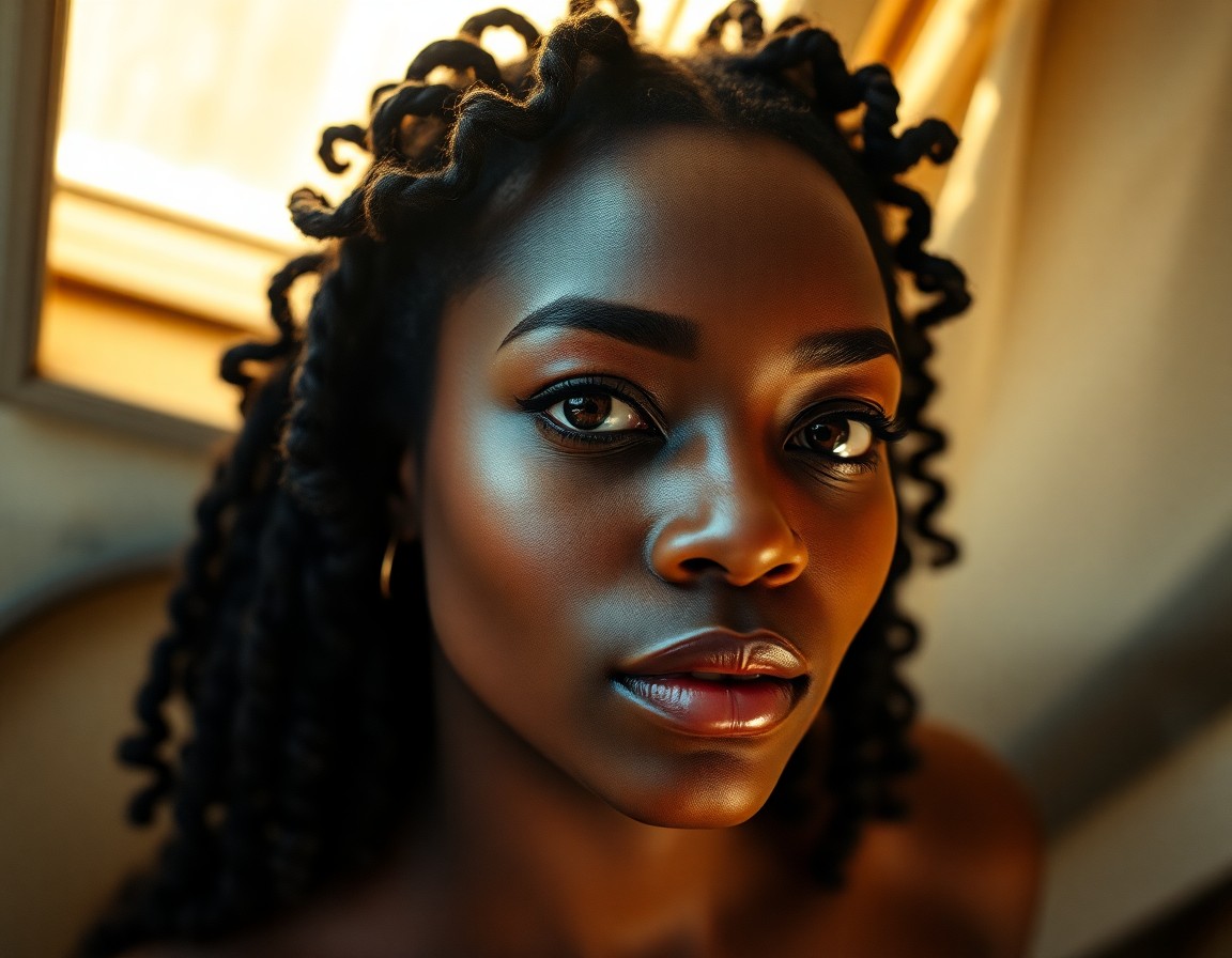 AI generated art for prompt: A photorealistic portrait photograph captures an African woman's enigmatic gaze with captivating amb