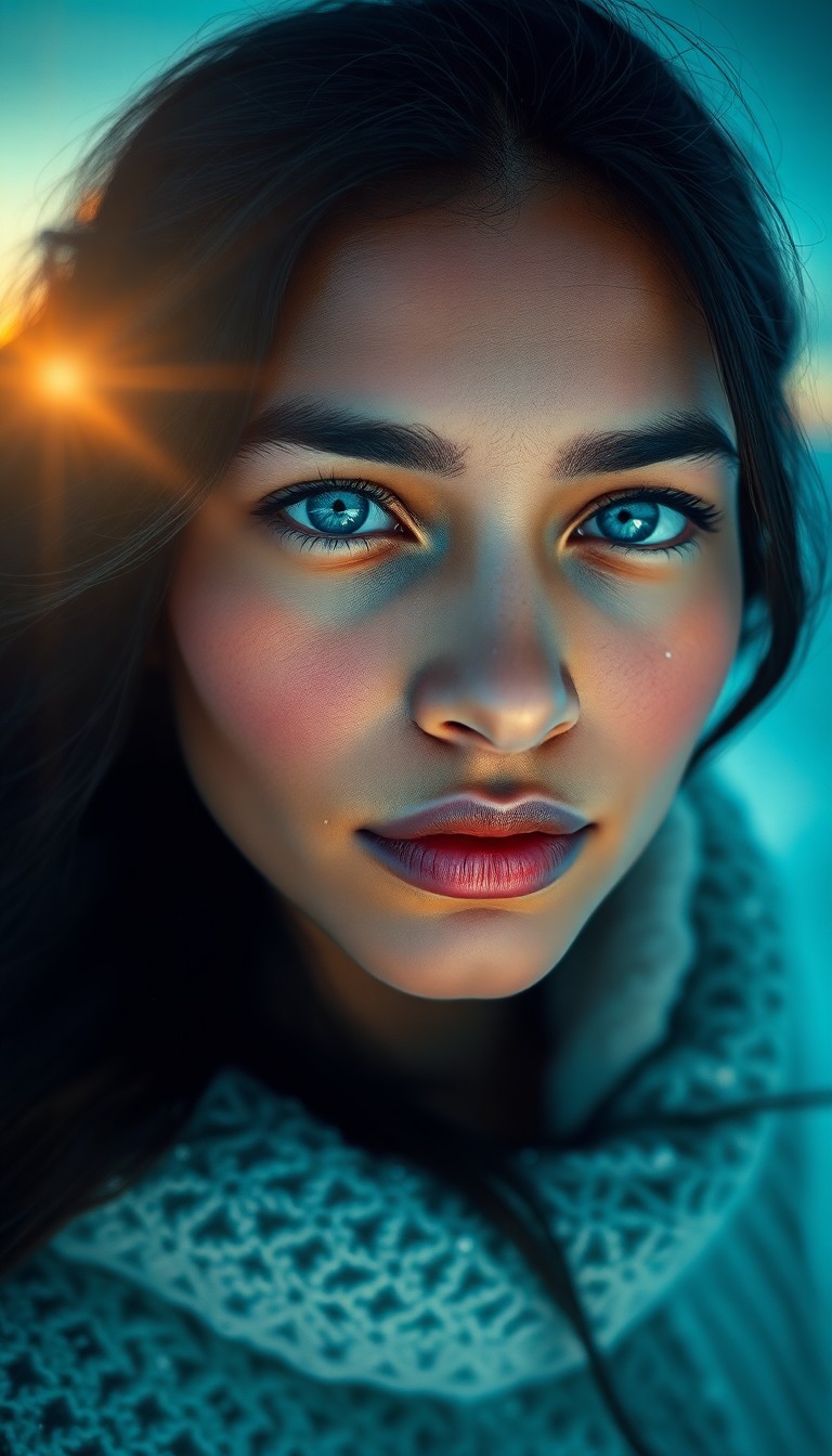 AI generated art for prompt: Craft a hyperrealistic portrait of a South Asian woman with ice-blue eyes and fair skin, set against