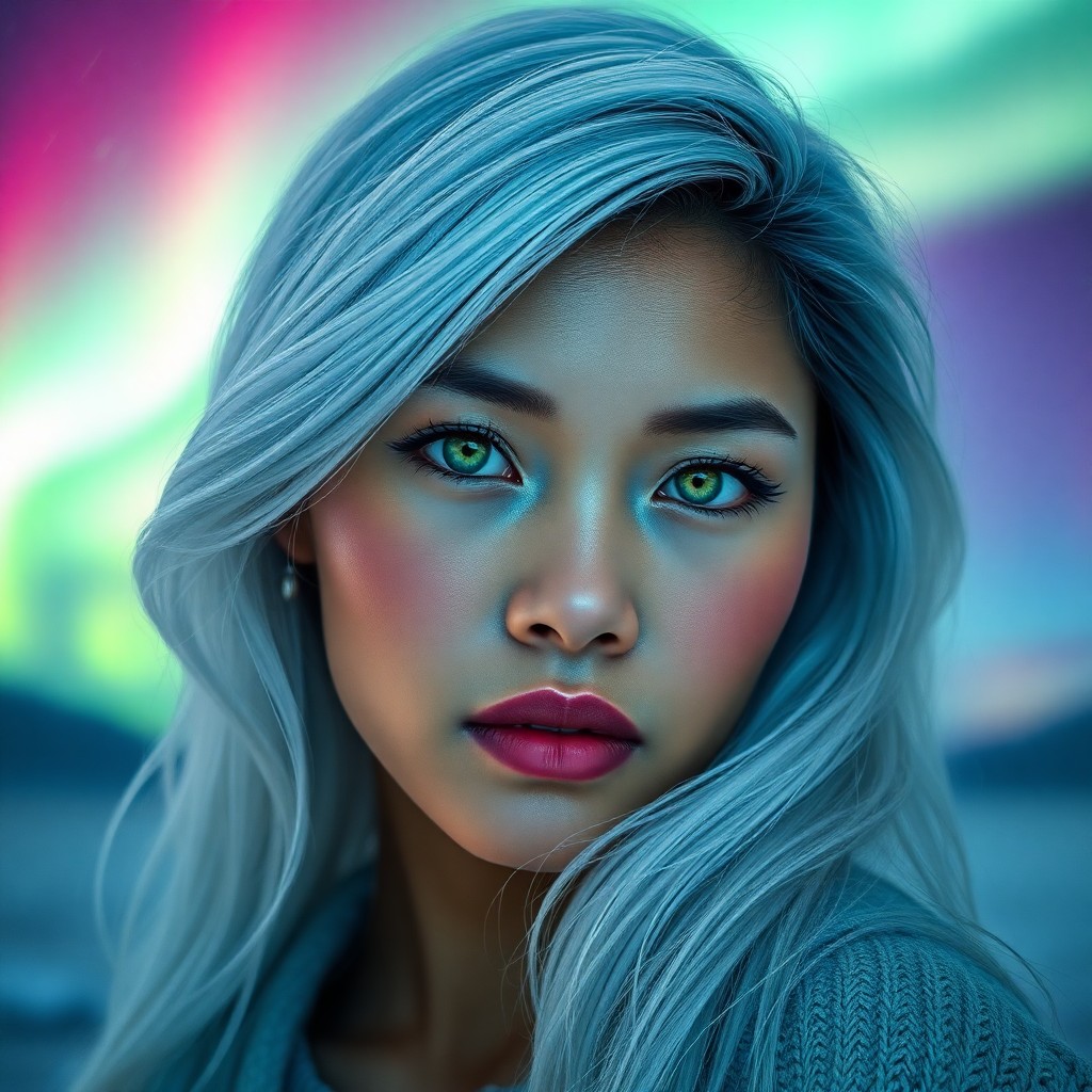 AI generated art for prompt: A hyperrealistic portrait of a Pacific Islander woman with piercing green eyes and snow-white hair c