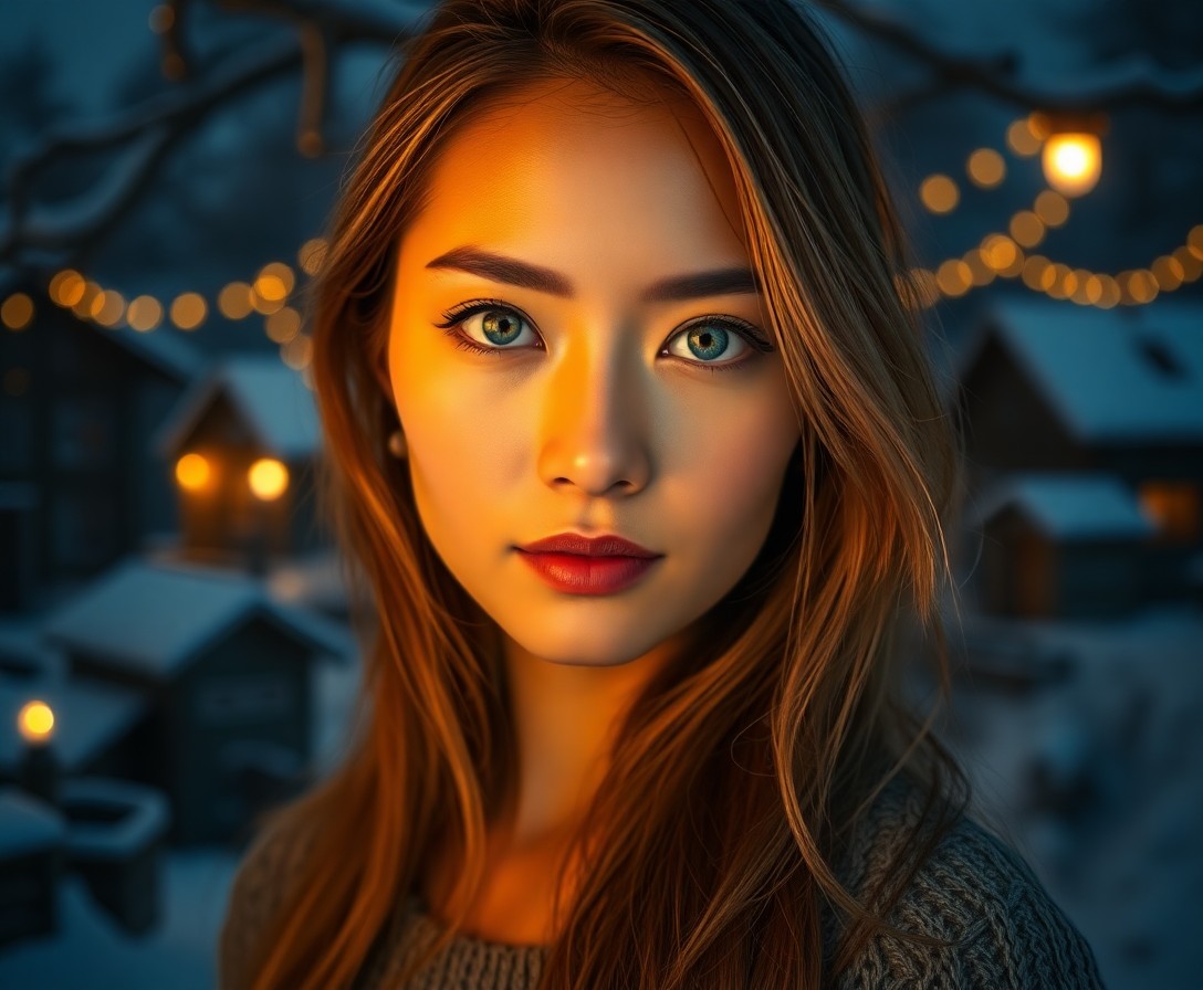 AI generated art for prompt: A portrait photograph of an East Asian woman in her early 30s showcases her piercing blue eyes and d