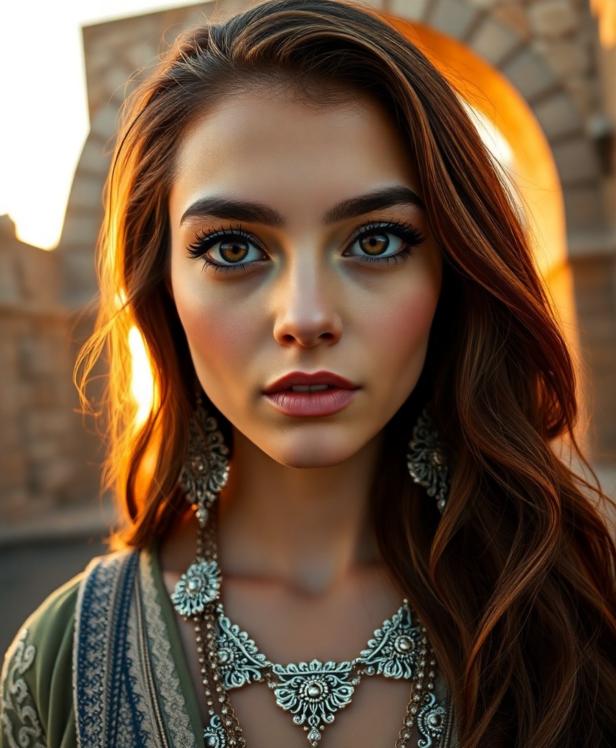 AI generated art for prompt: A photorealistic portrait photograph showcases a Middle Eastern woman with captivating amber eyes an