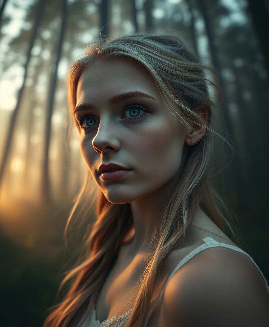 AI generated art for prompt: A DSLR captures an atmospheric fine art portrait of a young European woman with striking blue eyes a