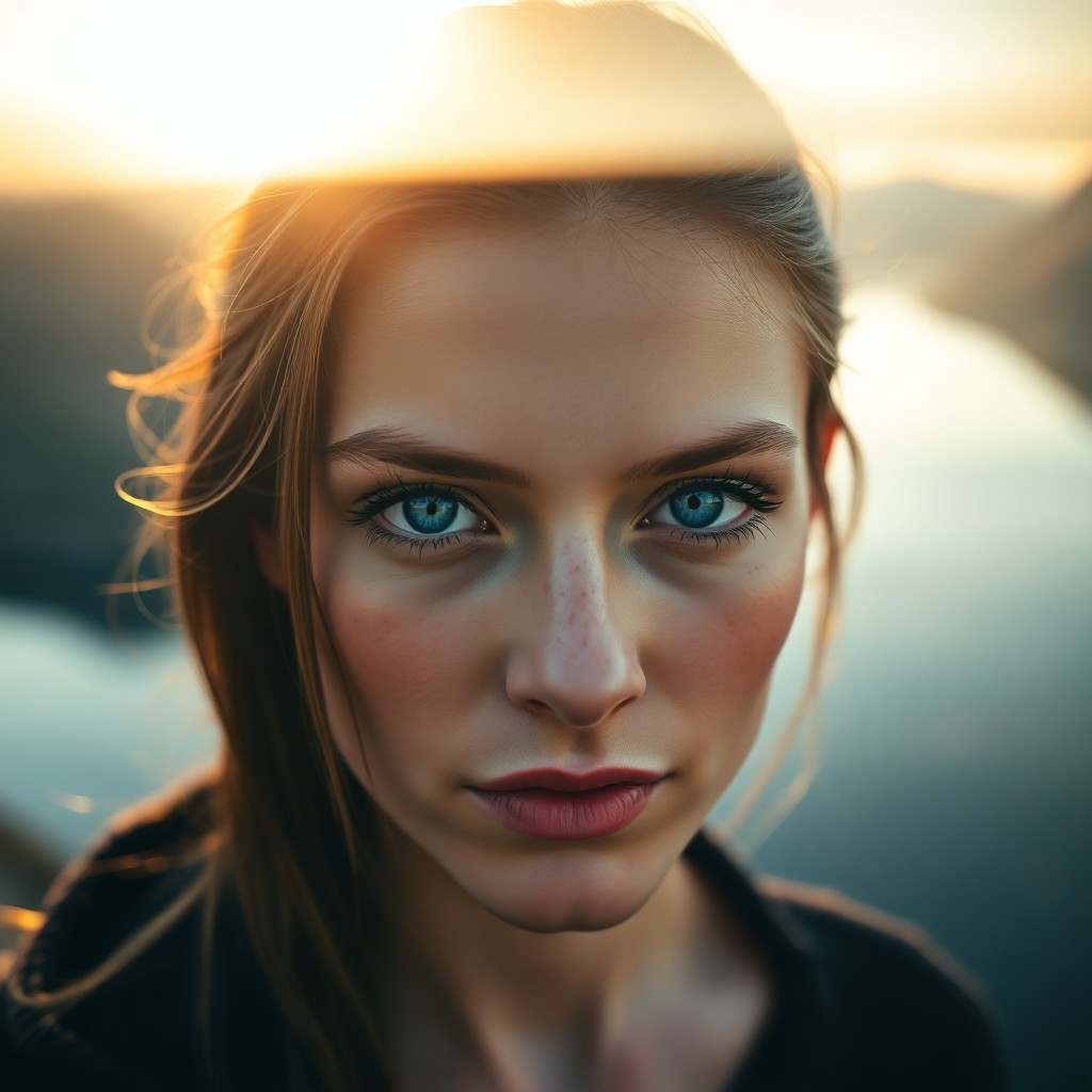 AI generated art for prompt: A portrait photograph of a Nordic woman with piercing blue eyes, her serene yet enigmatic gaze fixed