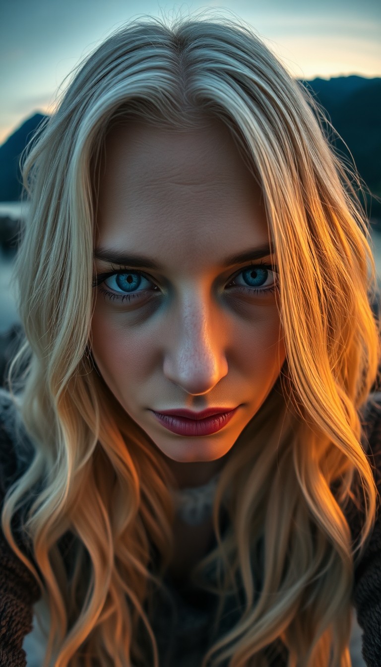 AI generated art for prompt: An iPhone portrait captures a European woman's enigmatic presence, her piercing ice blue eyes framed