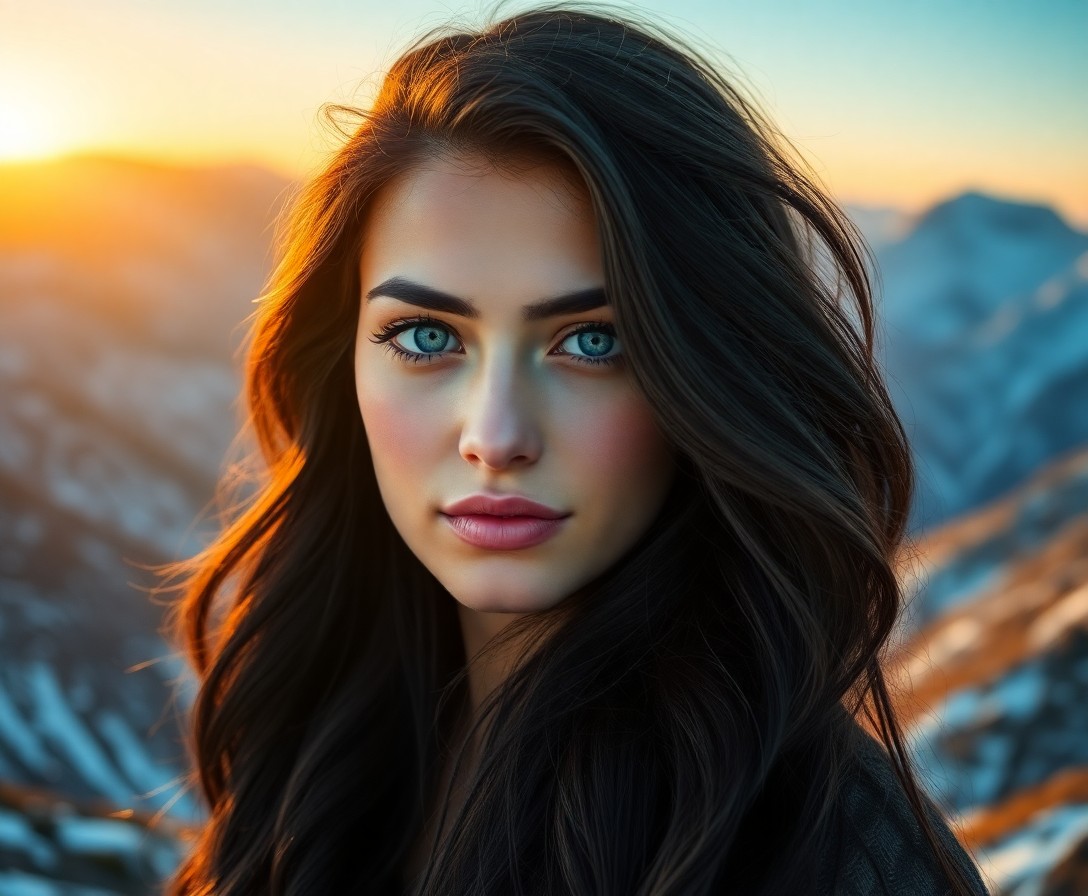 AI generated art for prompt: A photorealistic portrait depicts a Middle Eastern woman with captivating blue eyes and lustrous rav