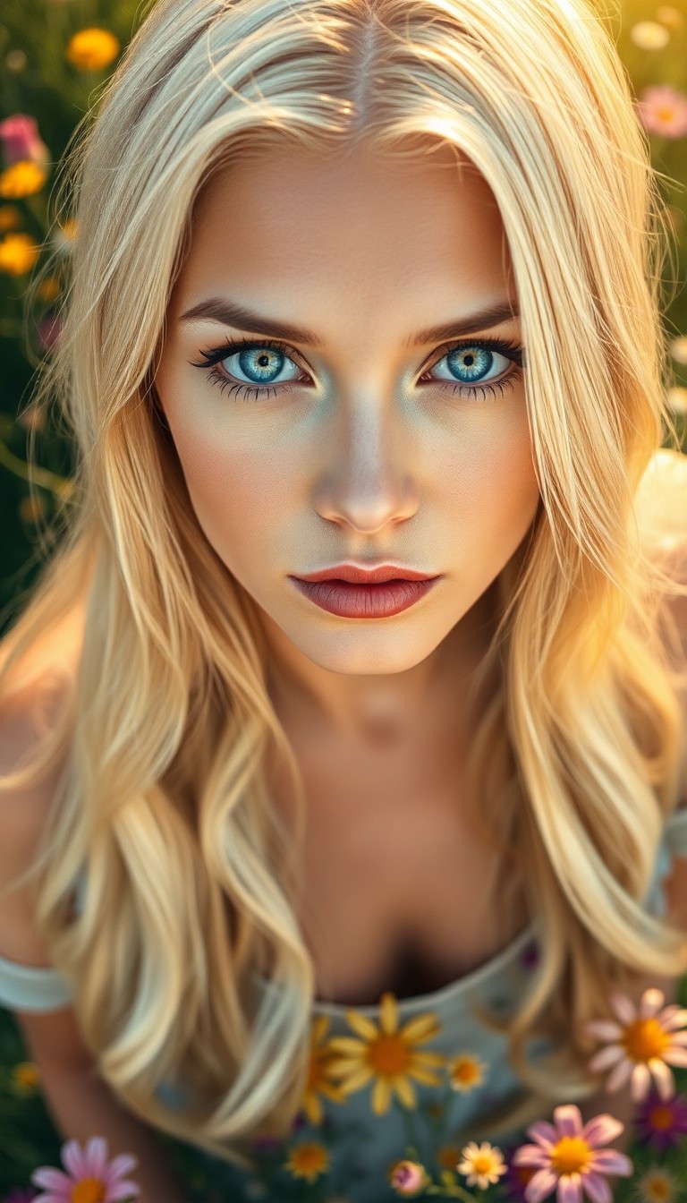 AI generated art for prompt: Envision a portrait photograph of a European woman with piercing blue eyes and long, platinum blonde