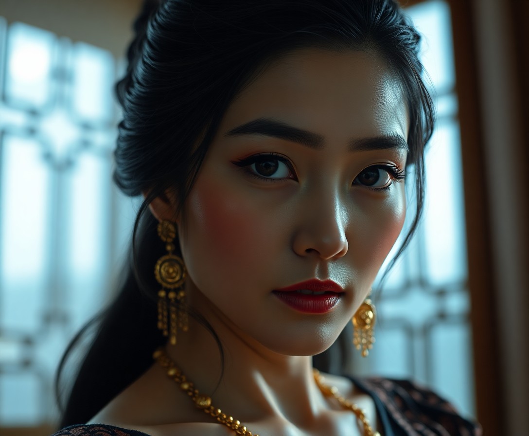 AI generated art for prompt: Envision a photorealistic portrait of an East Asian woman in her mid-forties, captured with a captiv