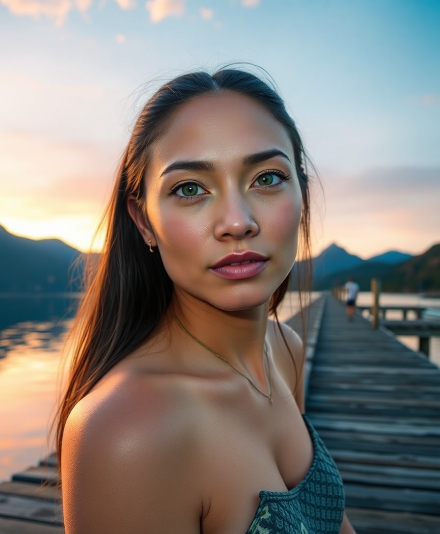 AI generated art for prompt: Hyperrealistic portrait of a serene Pacific Islander woman in her early 30s with piercing green eyes