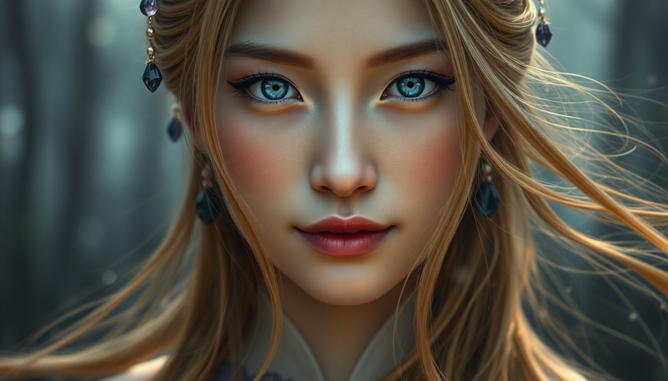 AI generated art for prompt: Envision an enigmatic East Asian woman with piercing blue eyes and flowing golden hair adorned with 