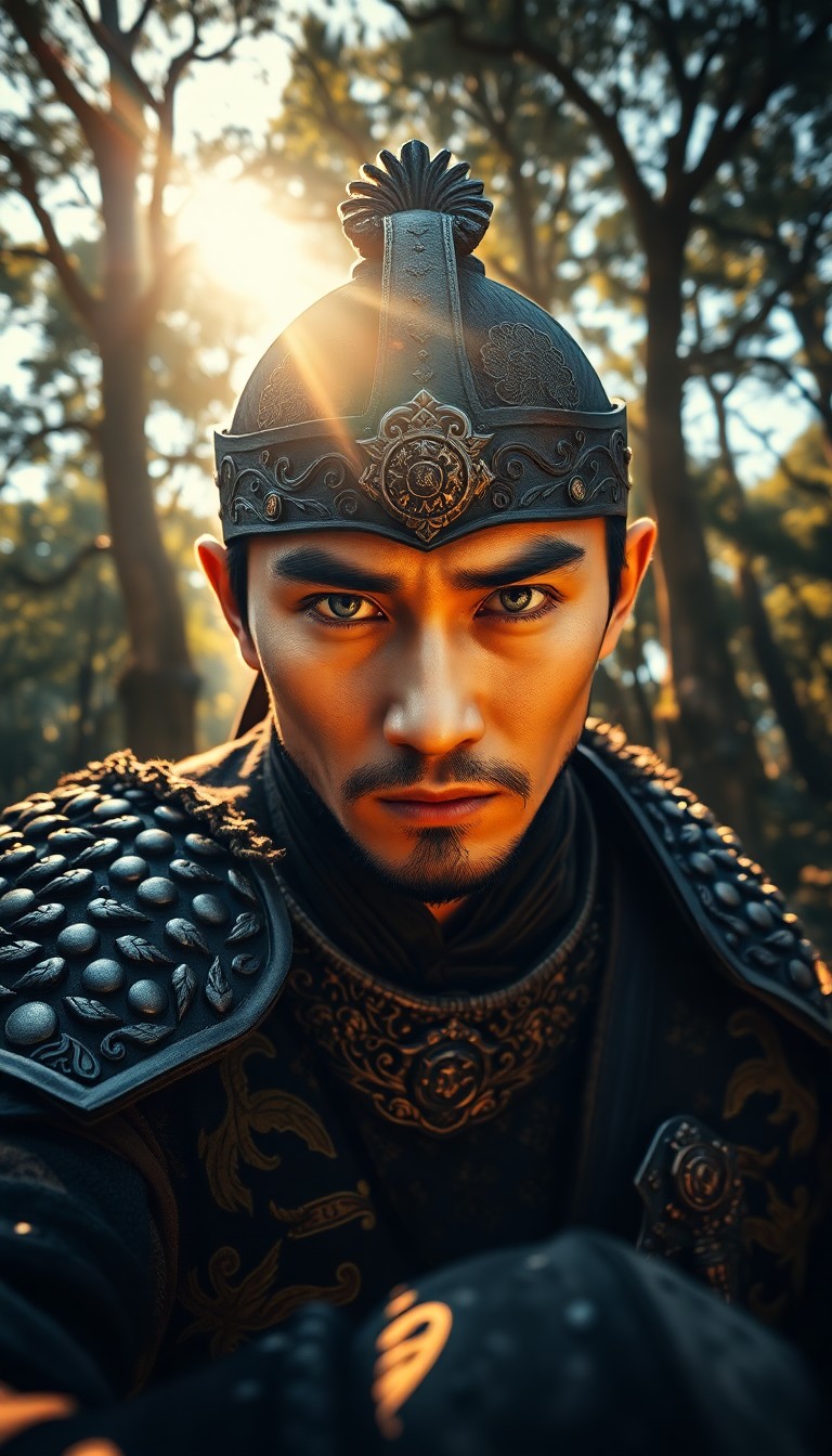 AI generated art for prompt: A hyperrealistic portrait captures an East Asian warrior's intense gaze, their piercing blue eyes co