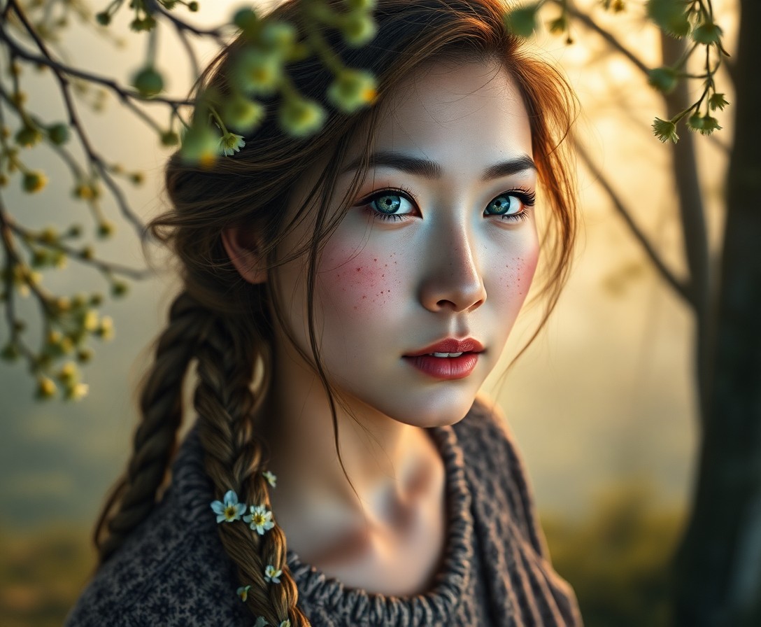 AI generated art for prompt: Envision a photorealistic portrait of an East Asian woman with striking blue eyes, her pensive expre