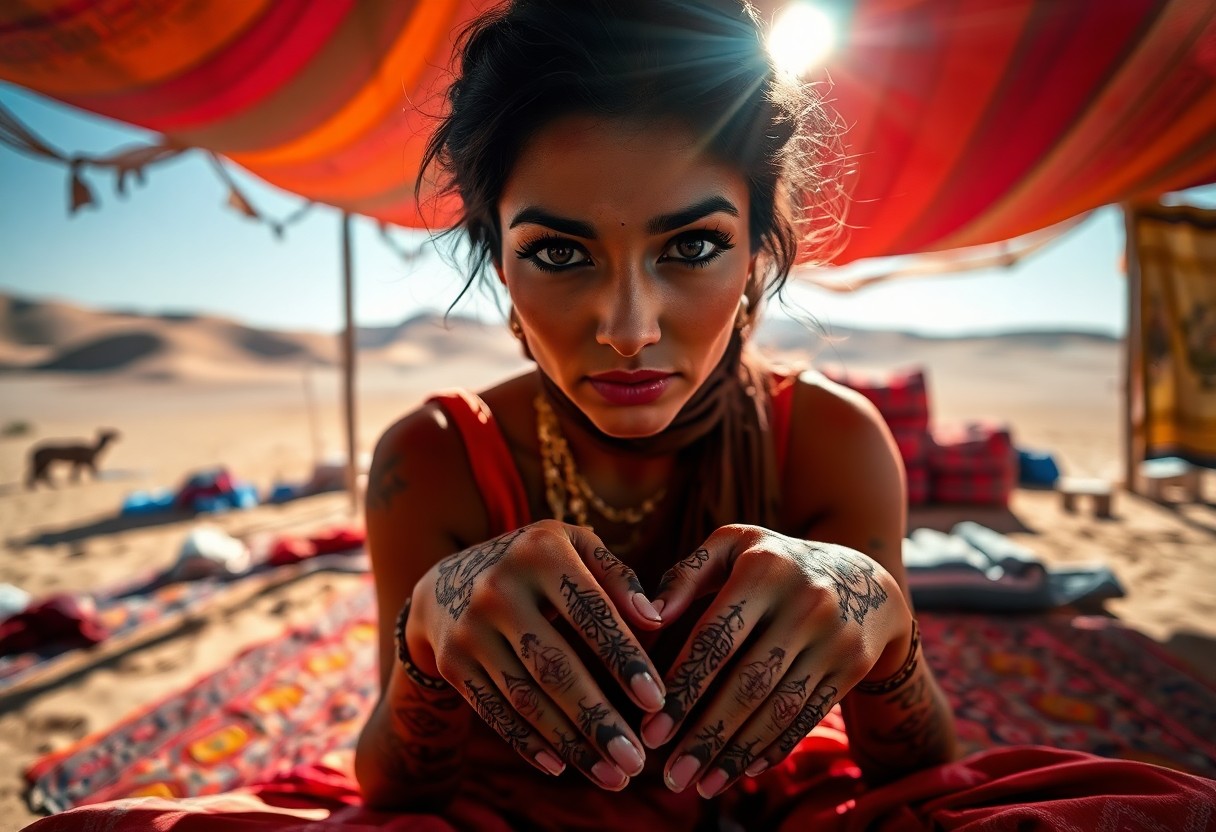 AI generated art for prompt: Envision a captivating portrait photograph of an enigmatic Middle Eastern woman with deep, dark eyes