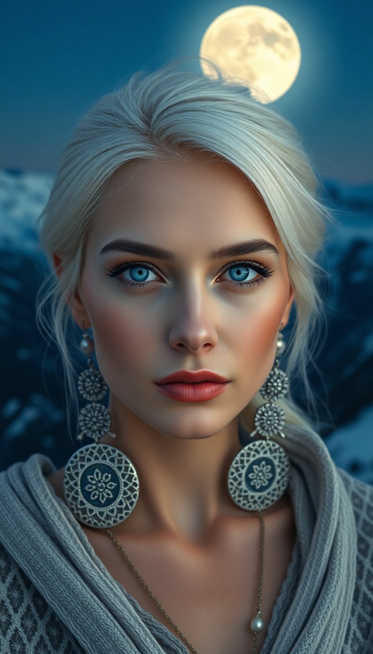 AI generated art for prompt: A photorealistic portrait captures the enigmatic presence of a Middle Eastern woman with icy blue ey