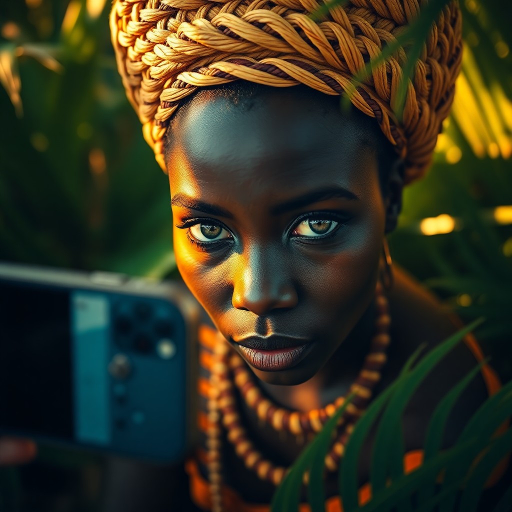 AI generated art for prompt: A smartphone camera captures an enigmatic portrait of an African woman with piercing hazel eyes fram