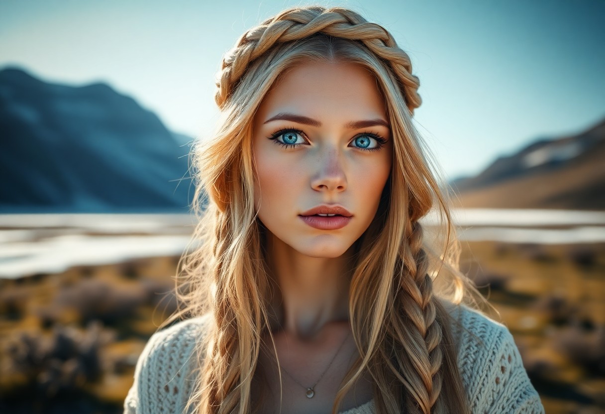 AI generated art for prompt: Craft a photorealistic portrait of a Nordic woman with striking blue eyes and luxurious golden hair 