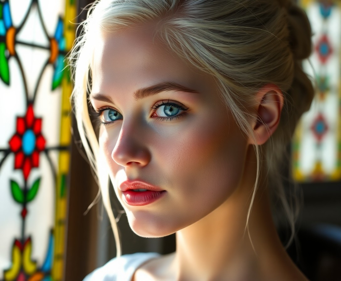 AI generated art for prompt: Envision a portrait of a Slavic woman with captivating ice-blue eyes and sleek platinum hair in a ti