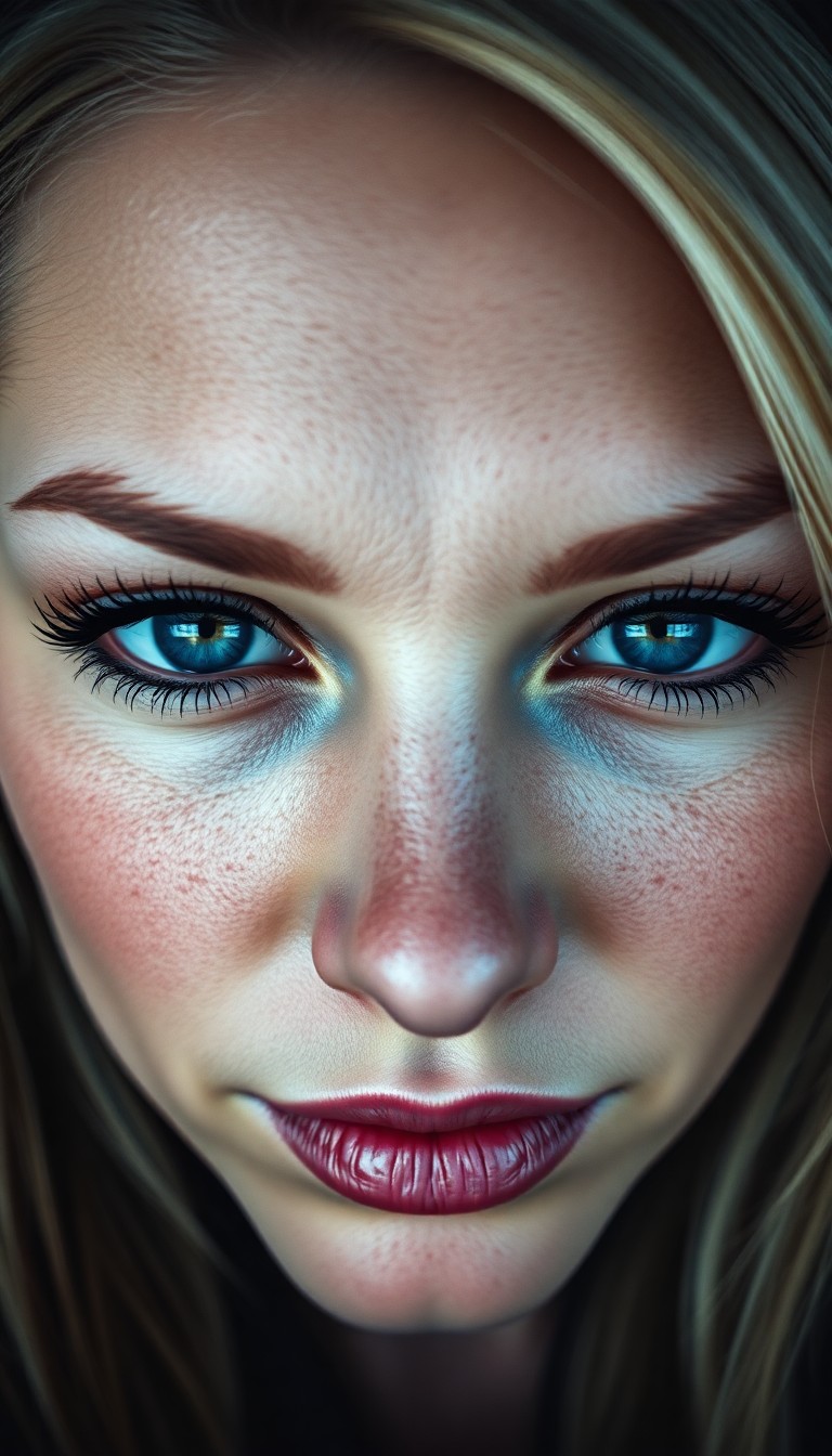 AI generated art for prompt: A photorealistic portrait captures the captivating gaze of a Nordic woman with piercing blue eyes, f