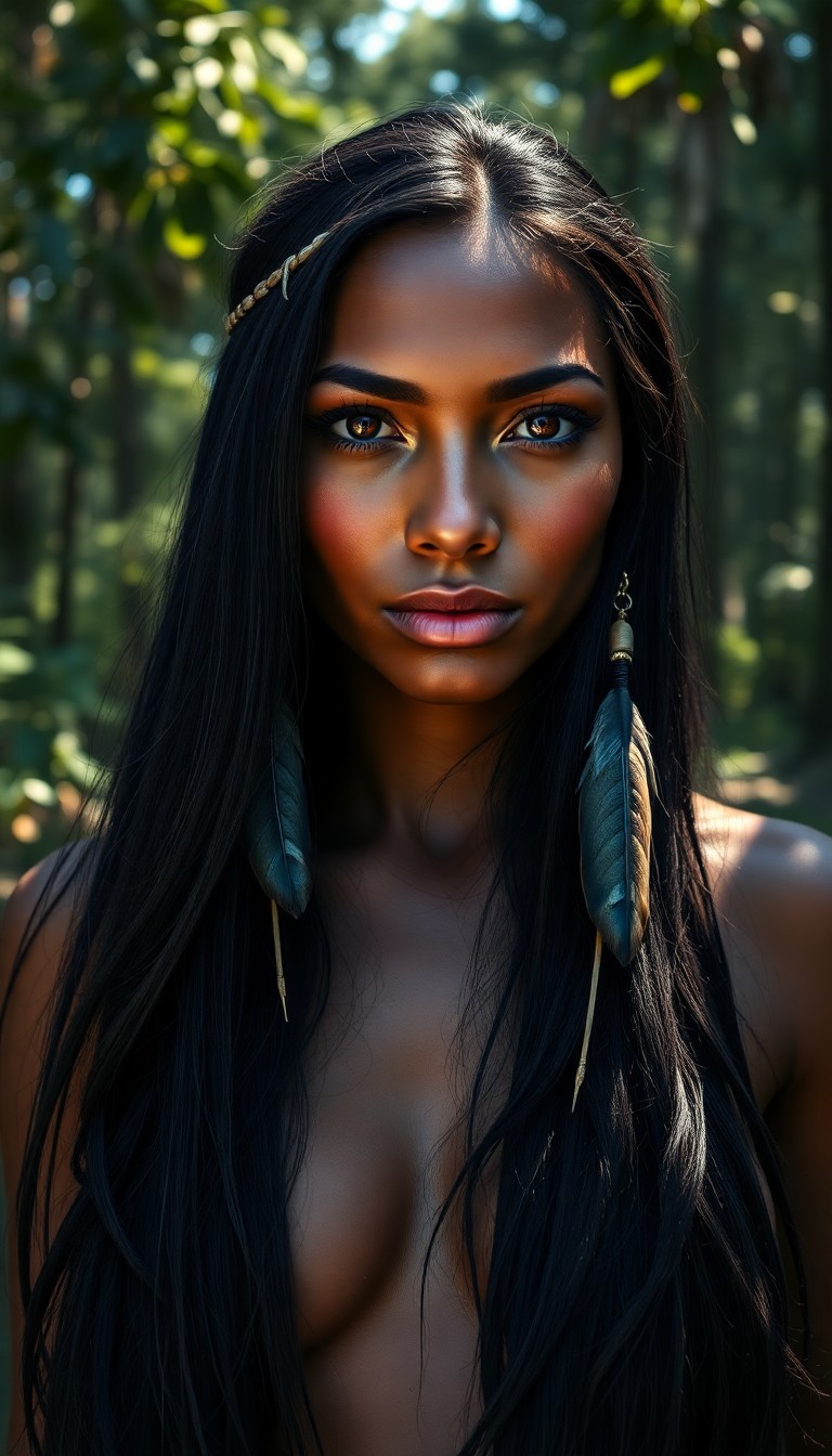 AI generated art for prompt: A DSLR captures an enigmatic portrait of a Native American woman with piercing amber eyes and smooth