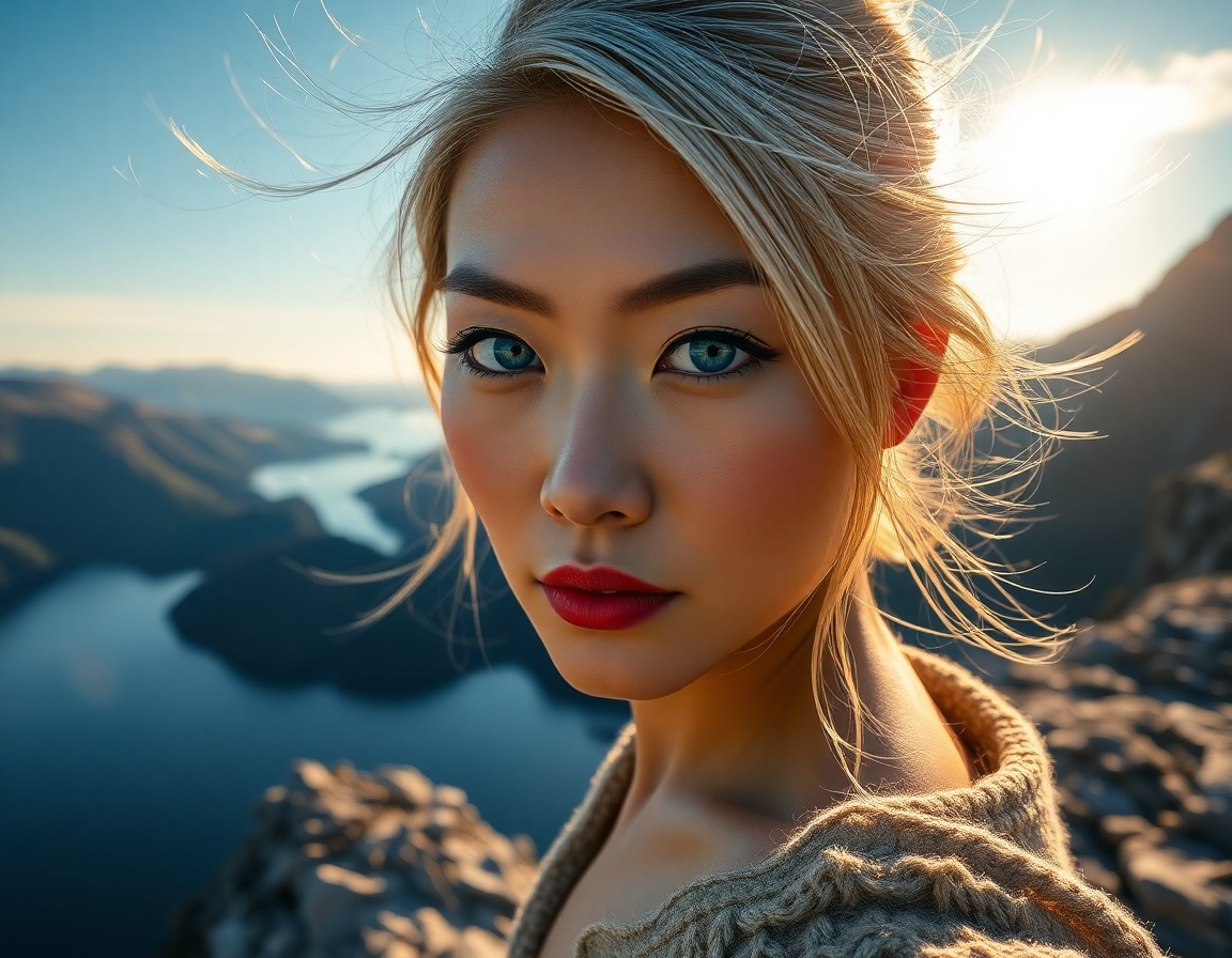 AI generated art for prompt: Craft a hyperrealistic portrait of an East Asian woman with piercing blue eyes, her enigmatic gaze d