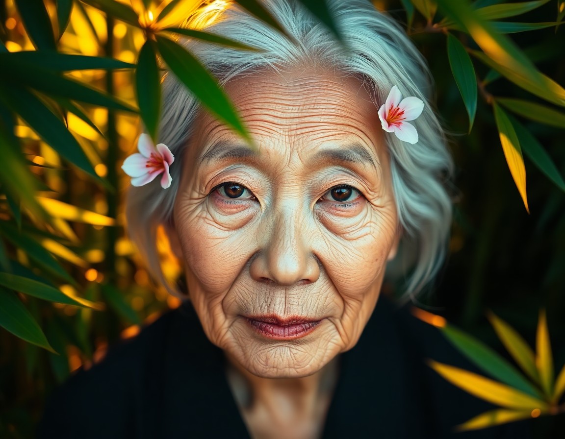 AI generated art for prompt: A serene East Asian woman with gentle eyes and delicate wrinkles sits amidst a tranquil bamboo fores