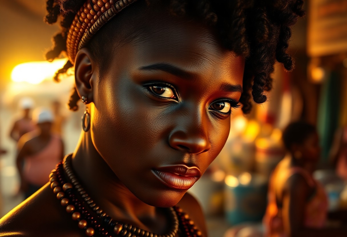 AI generated art for prompt: A photorealistic portrait captures the enigmatic presence of an African woman with rich, dark skin a