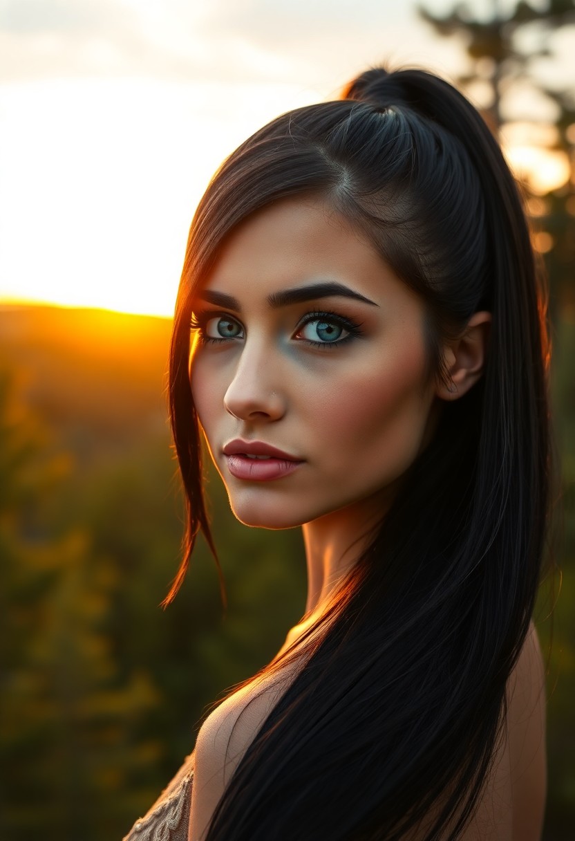 AI generated art for prompt: A DSLR captures a Middle Eastern woman's portrait, showcasing her striking blue eyes and sleek jet-b