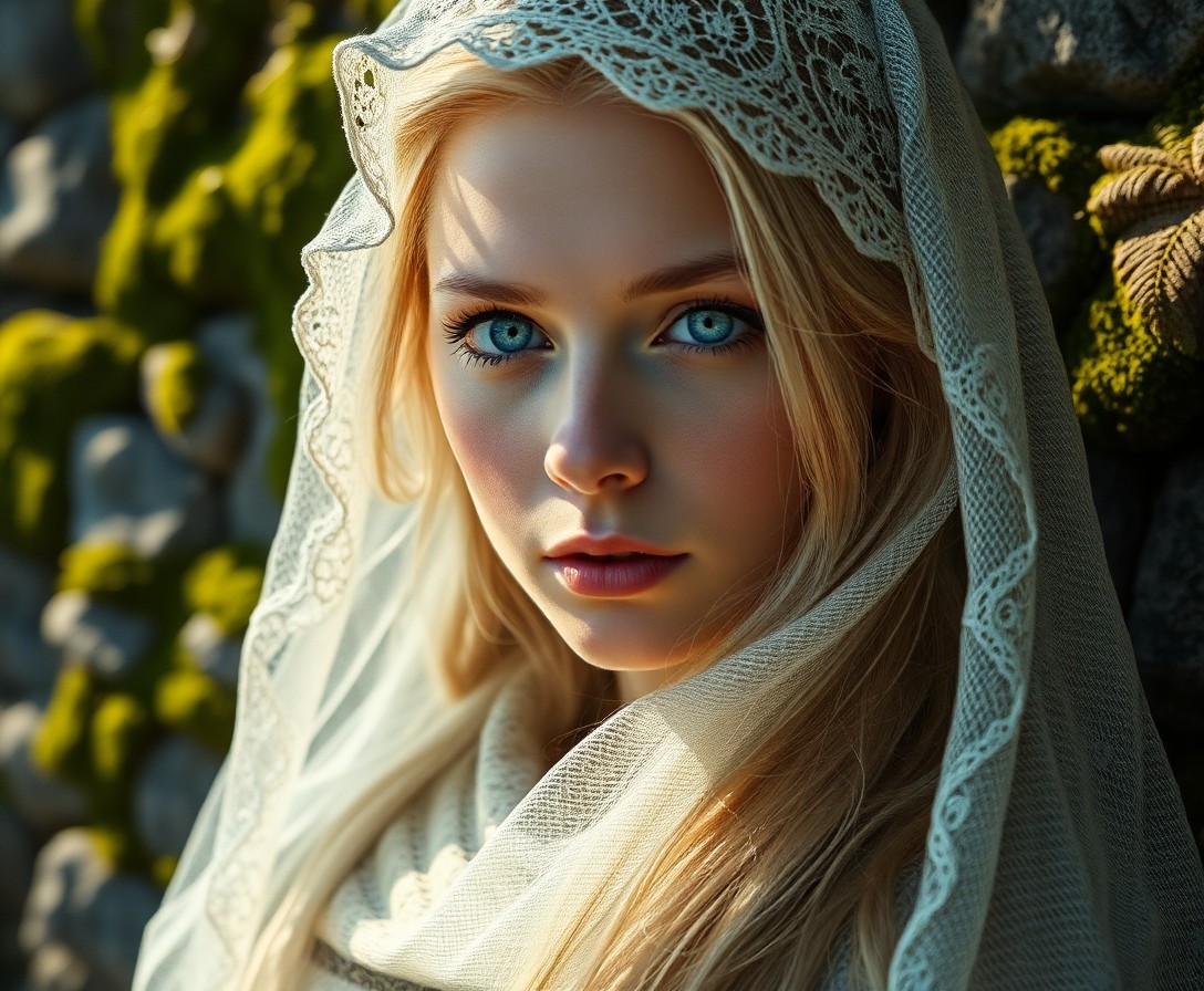 AI generated art for prompt: Imagine a photorealistic portrait of a Nordic woman with piercing blue eyes and cascading blonde loc