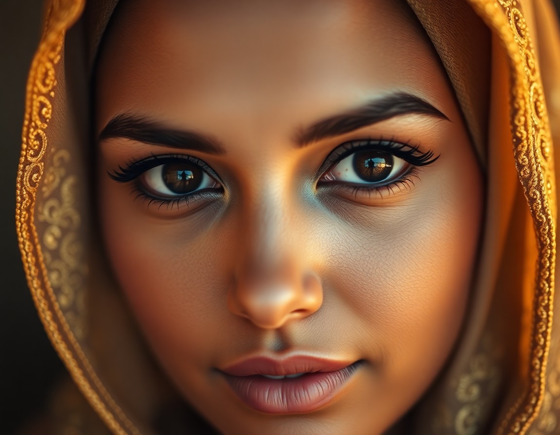 AI generated art for prompt: Imagine a captivating portrait of a Middle Eastern woman with intense dark eyes, accentuated by arch