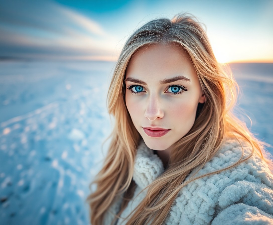 AI generated art for prompt: Craft an iPhone portrait of a Nordic woman with mesmerizing blue eyes and golden locks cascading dow