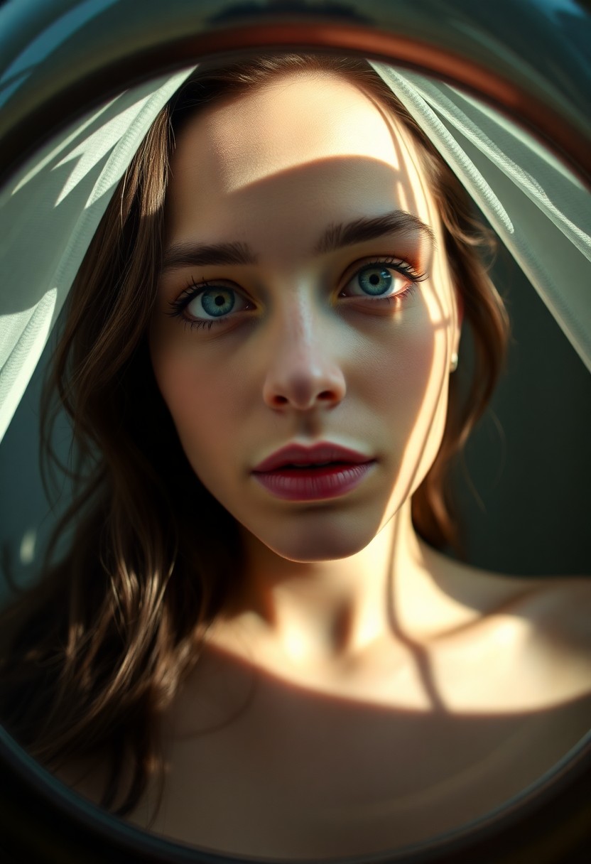 AI generated art for prompt: A hyperrealistic portrait showcases a European woman's enigmatic beauty with piercing blue eyes and 