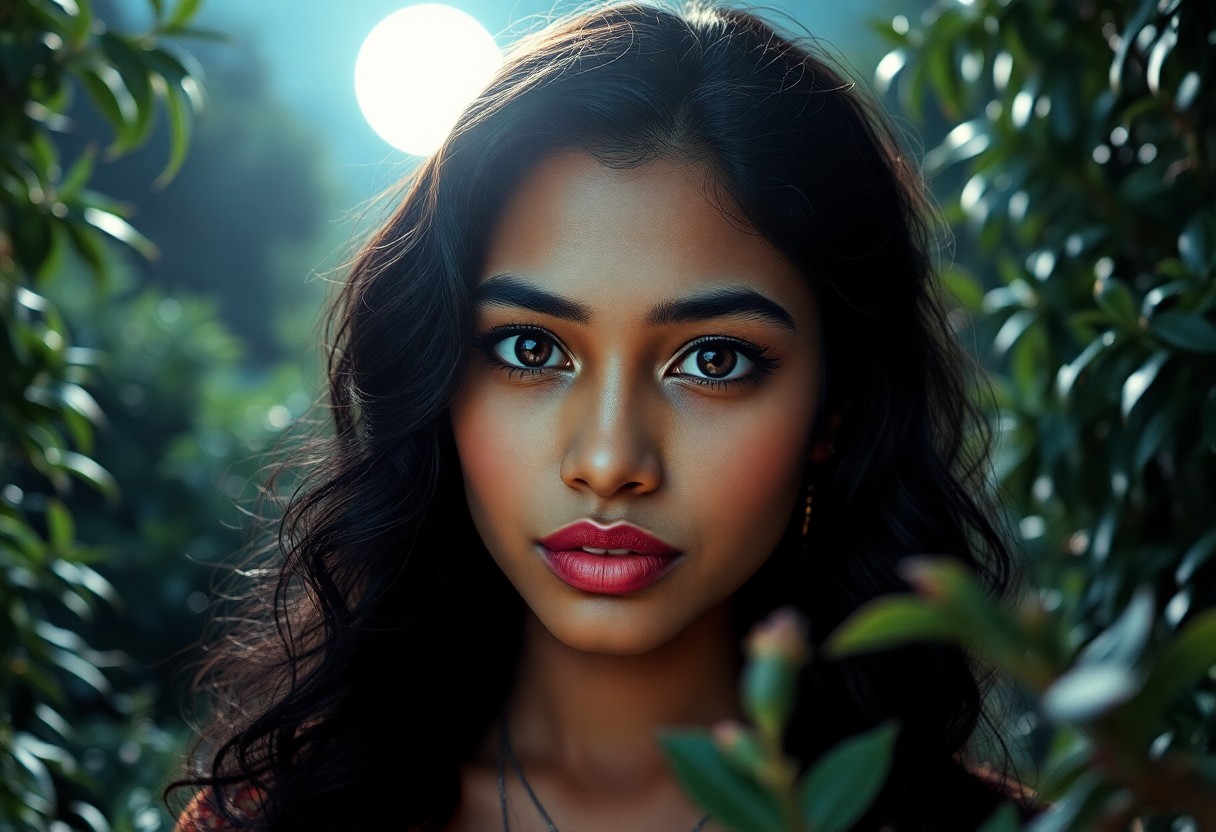 AI generated art for prompt: A film camera captures a captivating South Asian woman's enigmatic gaze. With dark, wavy hair and sm